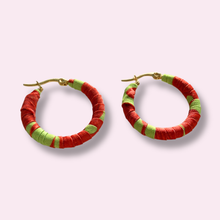 Load image into Gallery viewer, Medium Salento Hoops – Red & Pistachio Colombian Earrings
