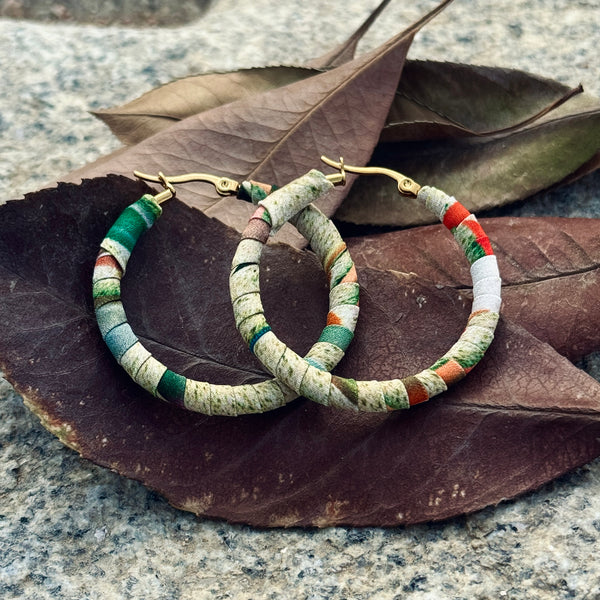 Large Tayrona Hoops- Green, Orange & Red Colombian Earrings
