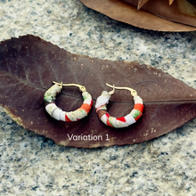 Load image into Gallery viewer, Small Tayrona Hoops- Green, Orange &amp; Red Colombian Earrings
